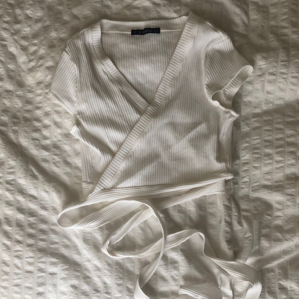 White Ribbed Wrap Top